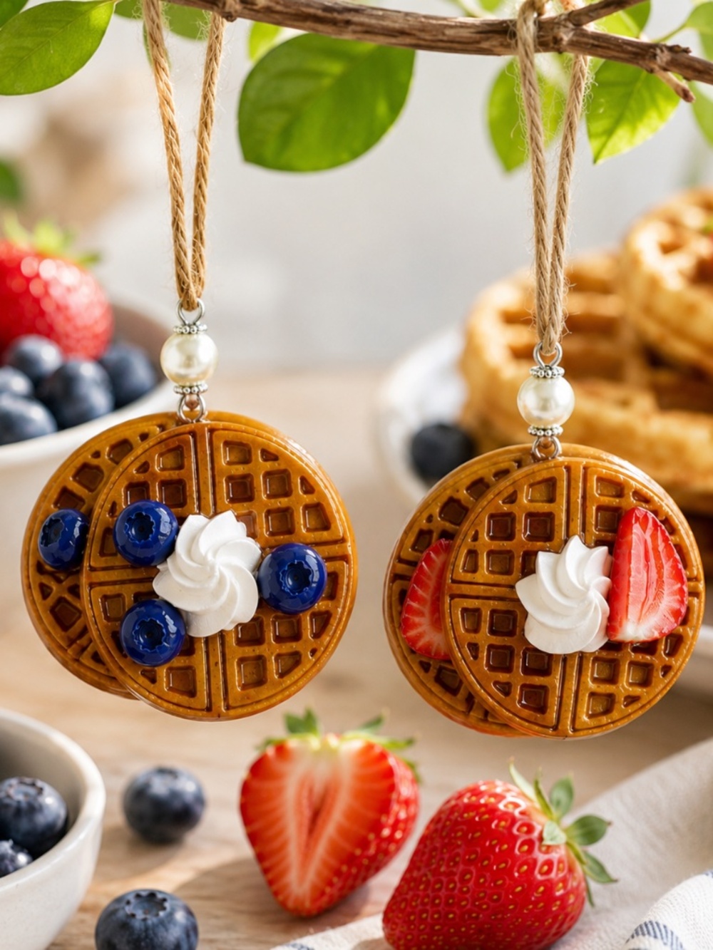 Waffle Ornament – Blueberry or Strawberry | Handmade Mini Breakfast Food Decor